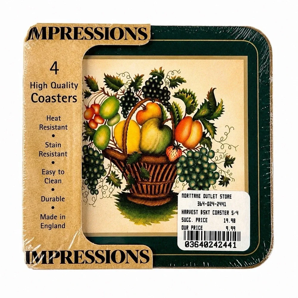 VTG 1990's Impressions Harvest Basket Coaster Set Hardboard Fall Cottagecore NOS